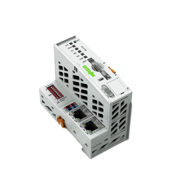 Wago electronic component with dual Ethernet ports and signal indication lights, ideal for industrial automation and connectivity solutions.