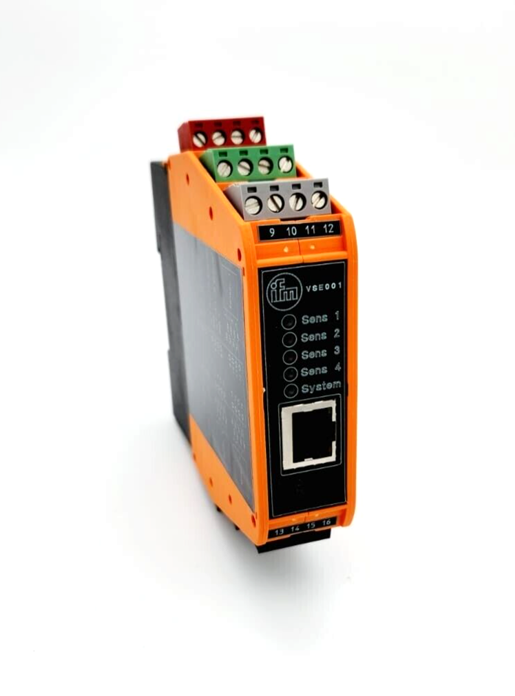 Orange and black ifm electronic device with multiple sensor inputs and system indicator, model VSE001, isolated on white background.