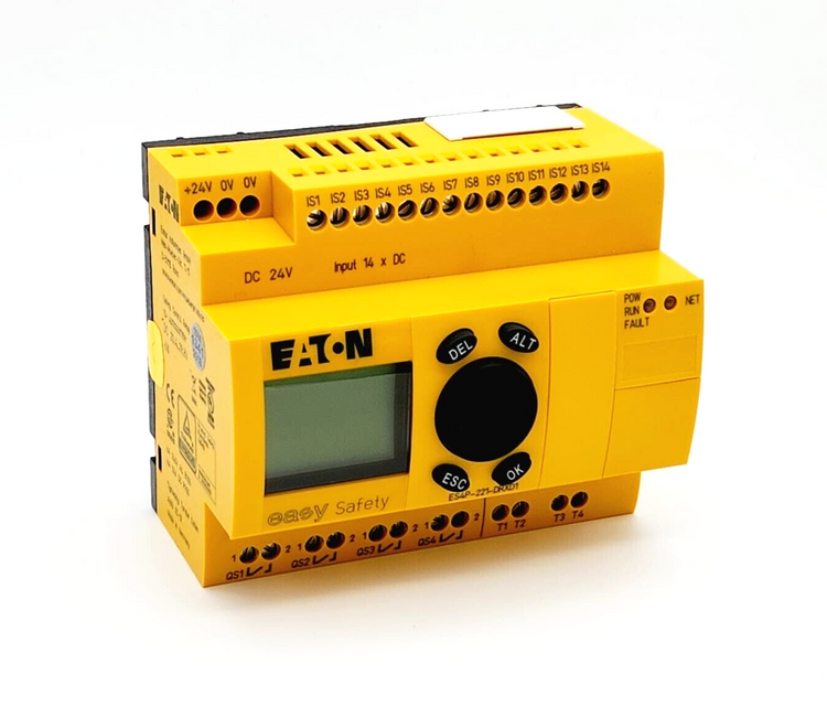 Eaton Moeller safety control module for industrial automation, featuring a yellow casing and digital display.