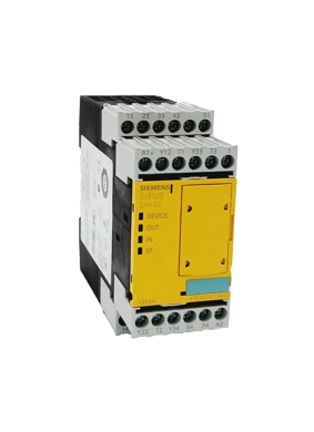 Siemens Sirius 24V DC safety relay with yellow label and multiple connection points for industrial automation and control.