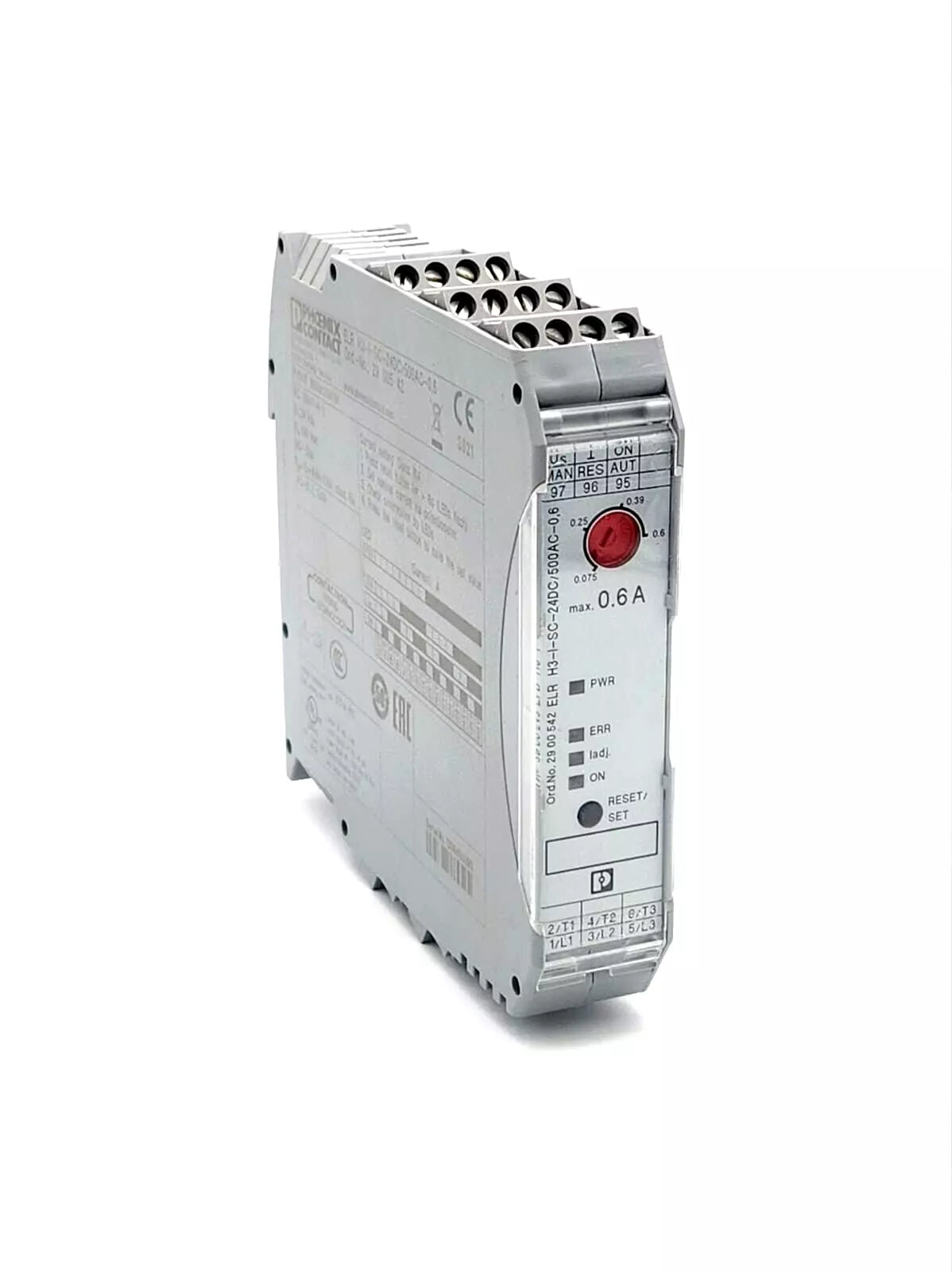 Phoenix Contact industrial relay module with detailed labeling and control settings, featuring a sleek design and durable construction