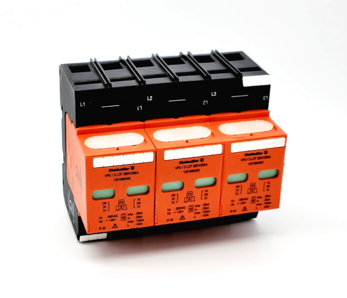 Weidmüller electrical component with orange and black casing, featuring three terminal blocks for industrial applications.