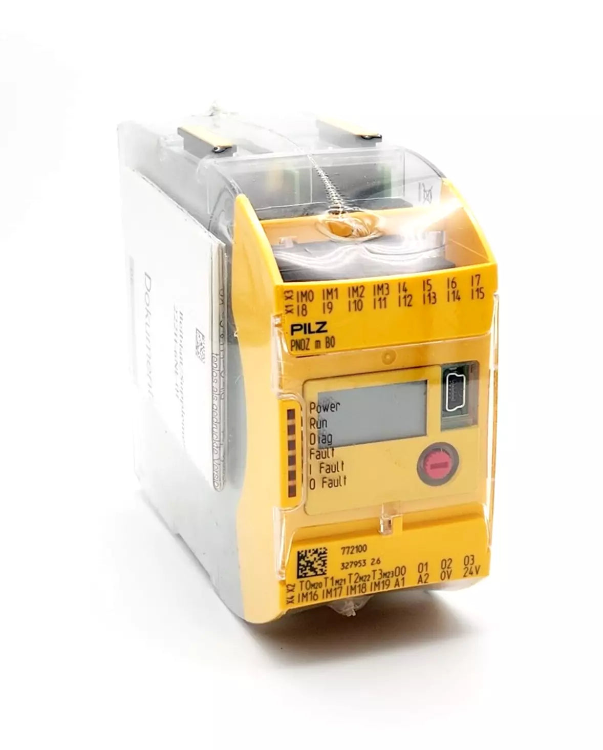 Pilz safety relay module featuring LED indicators and digital display, designed for industrial automation and control systems.