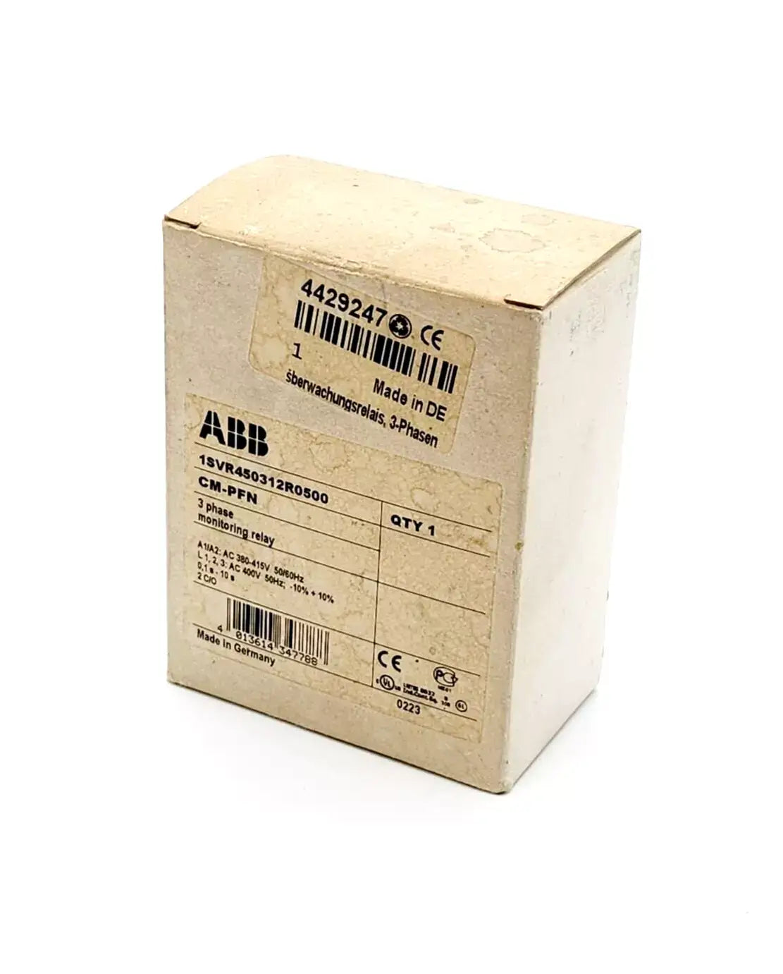 Box of ABB 1SVR450312R0500 CM-PFN 3 Phasen-Überwachungsrelais showing product label and details.