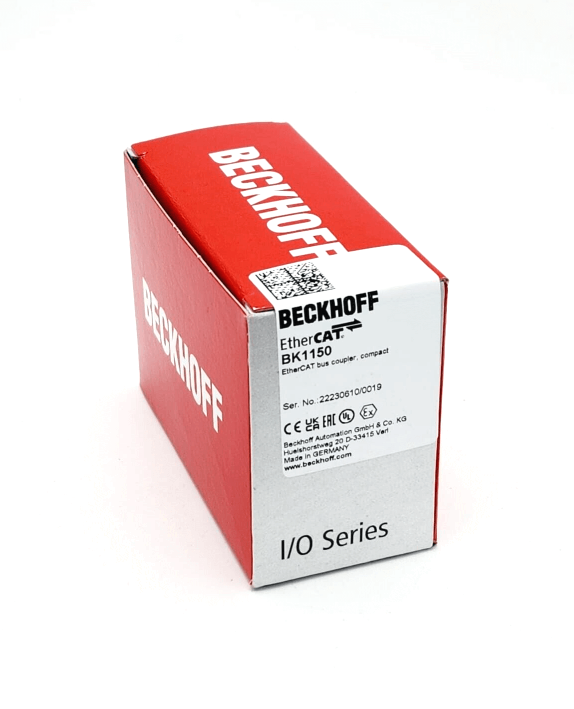 Box of Beckhoff BK1150 EtherCAT-Compact-Buskoppler sealed and new, showing product labels and packaging.