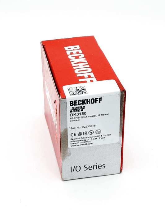 Beckhoff BK3150 PROFIBUS-Compact-Buskoppler packaging box showing label and specifications.