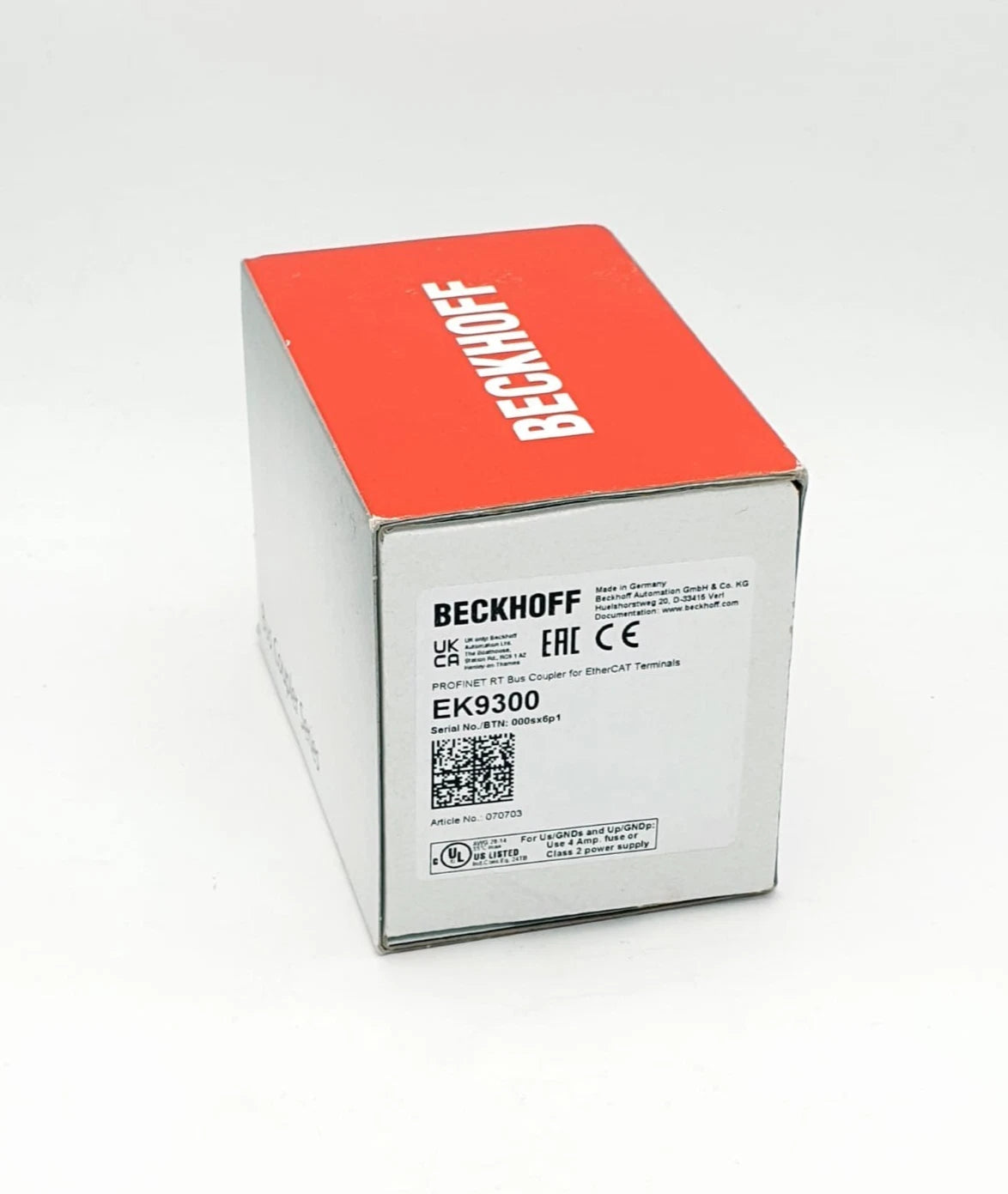 Box of Beckhoff EK9300 PROFINET-RT-Buskoppler showing packaging and label details