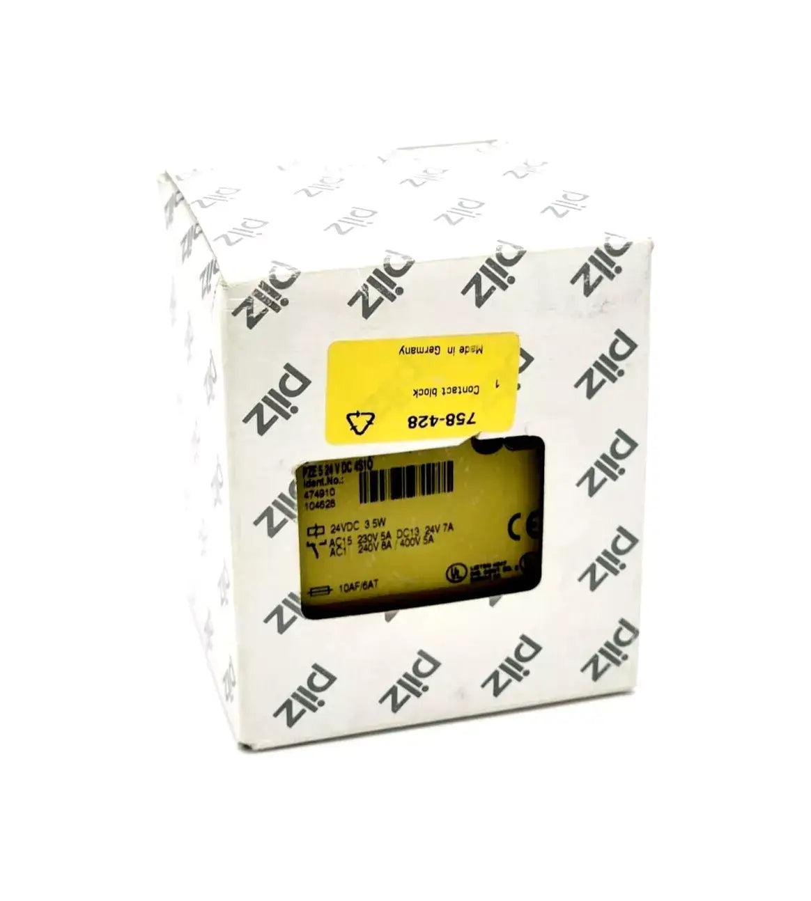 Pilz 474910 PZE 5 Sicherheitsschaltgerät 24V DC 4S 1Ö in original packaging, showcasing the safety relay box.