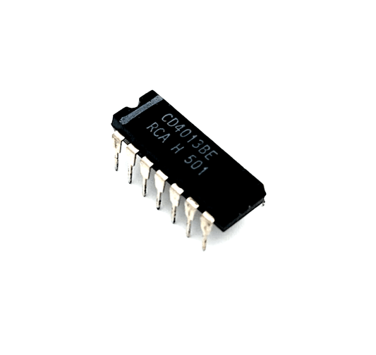 RCA CD4013BE Integrierte Schaltungen IC DIP14, black integrated circuit on white background.