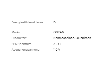 Osram sewing machine bulb product details with energy efficiency class D and 110V output.