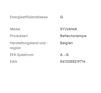 Sylvania Reflectorlampe details: Energieeffizienzklasse G, hergestellt in Belgien, EAN 5410288219714.