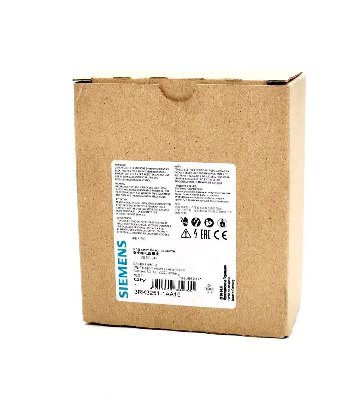 Siemens 3RK3251-1AA10 SIRIUS Erweiterungsmodul 3RK32 in box, front view, technical specifications label visible.