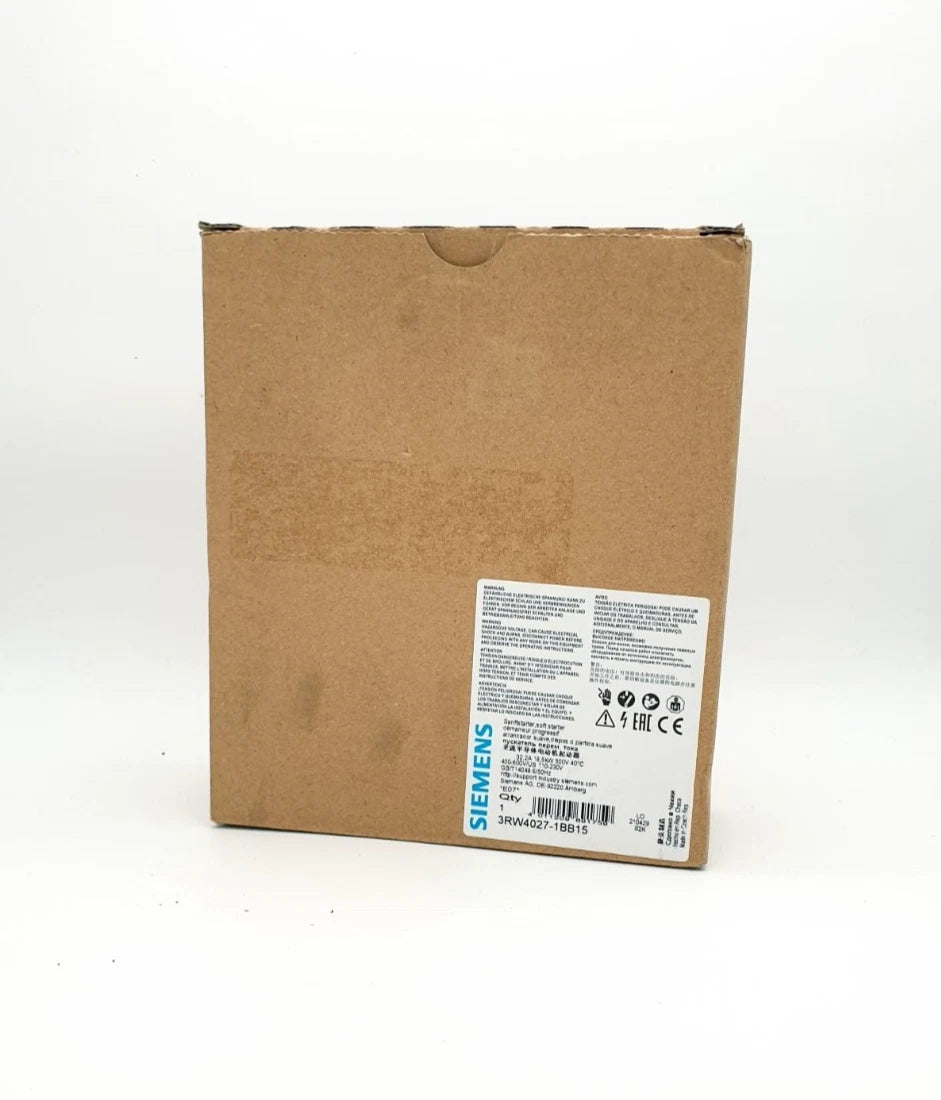 Siemens 3RW4027-1BB15 Sanftstarter 32A 110–230 V AC original packaging box with label and product details visible.
