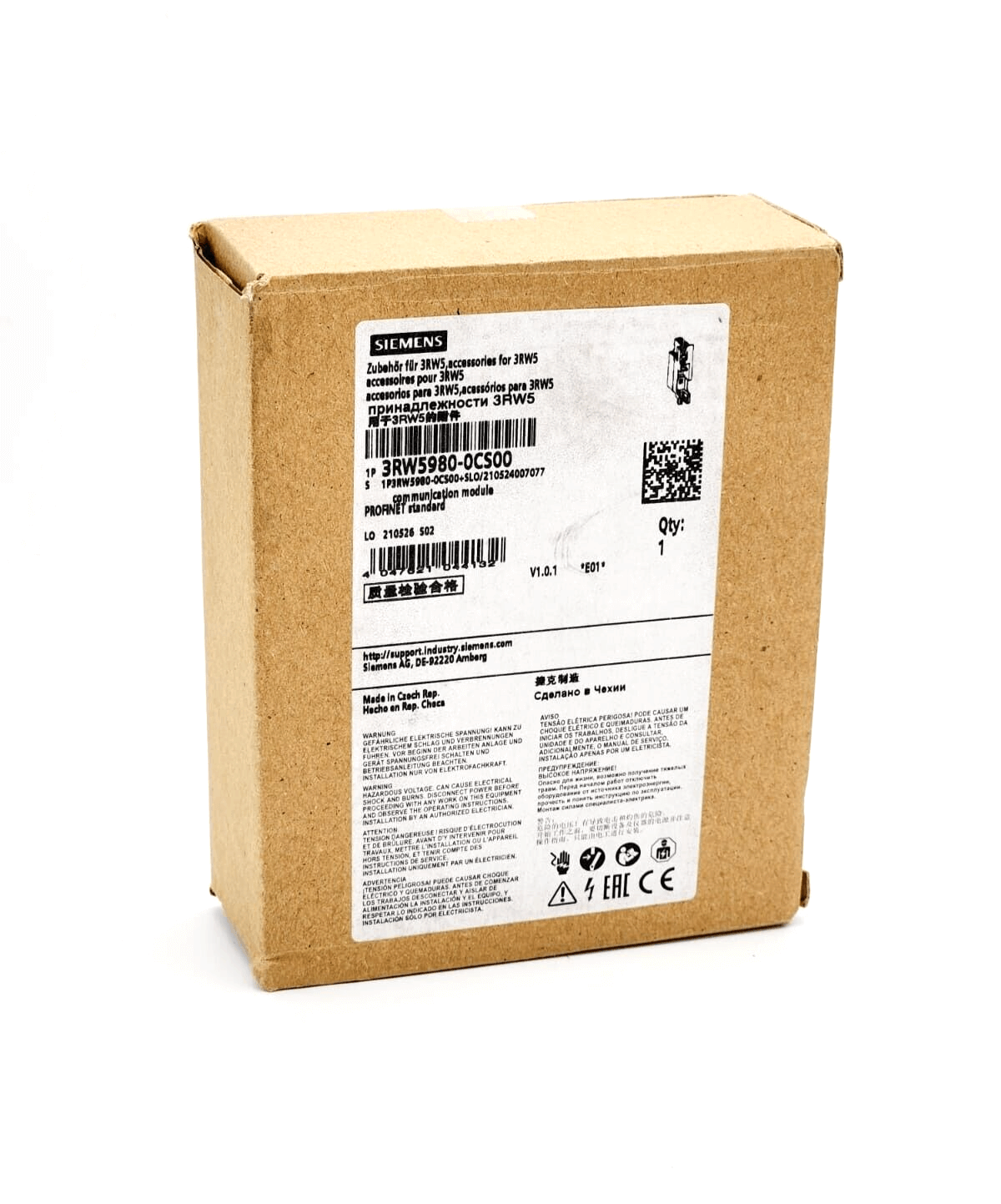 Packaging of Siemens 3RW5980-0CS00 Kommunikationsmodul PROFINET Standard, new and original, with technical specifications visible.