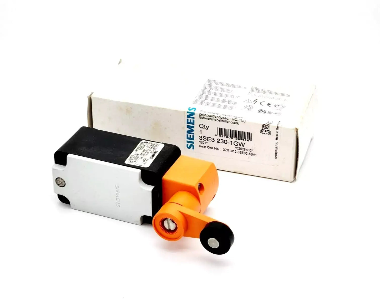 Siemens 3SE3230-1GW Positionsschalter gekapselt IP65 with box, featuring Schwenkhebel and IP65 protection, DIN EN 50 041 certified.