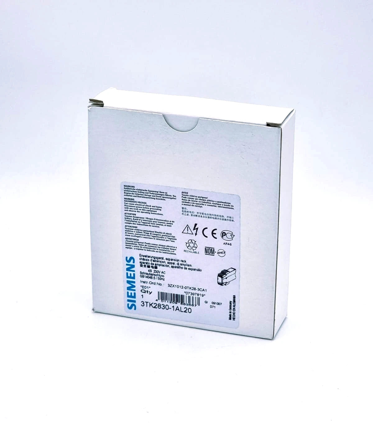 Siemens 3TK2830-1AL20 Sicherheitsschaltgerät AC 230 V packaging with product details and branding visible.