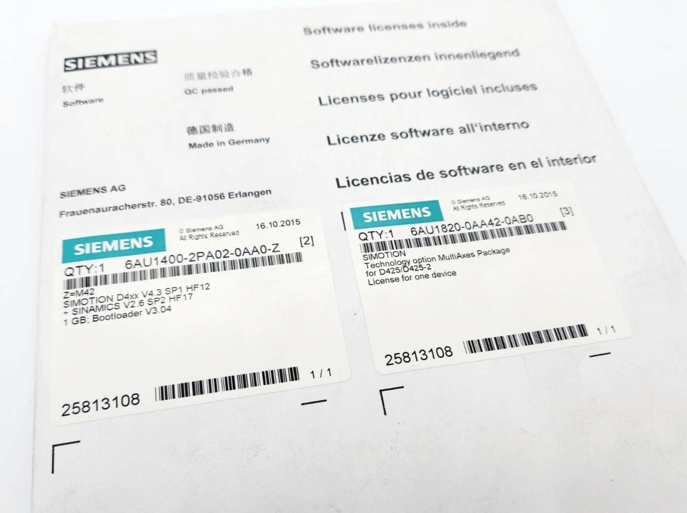 Siemens 6AU1400-2PA02-0AA0-Z, 1GB Card + Siemens 6AU1820-0AA42-0AB0 SIMOTION packaging, software licenses visible