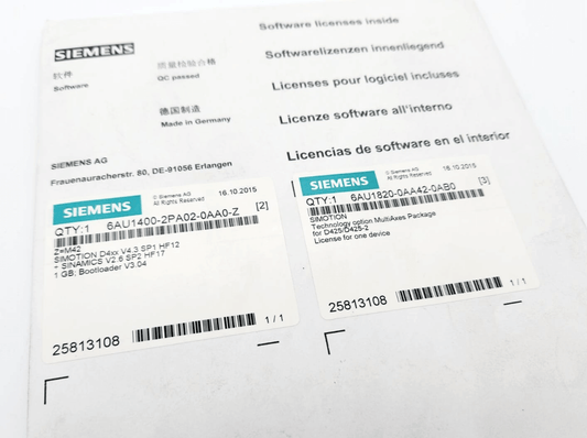 Siemens 6AU1400-2PA02-0AA0-Z, 1GB Card + Siemens 6AU1820-0AA42-0AB0 SIMOTION packaging, software licenses visible