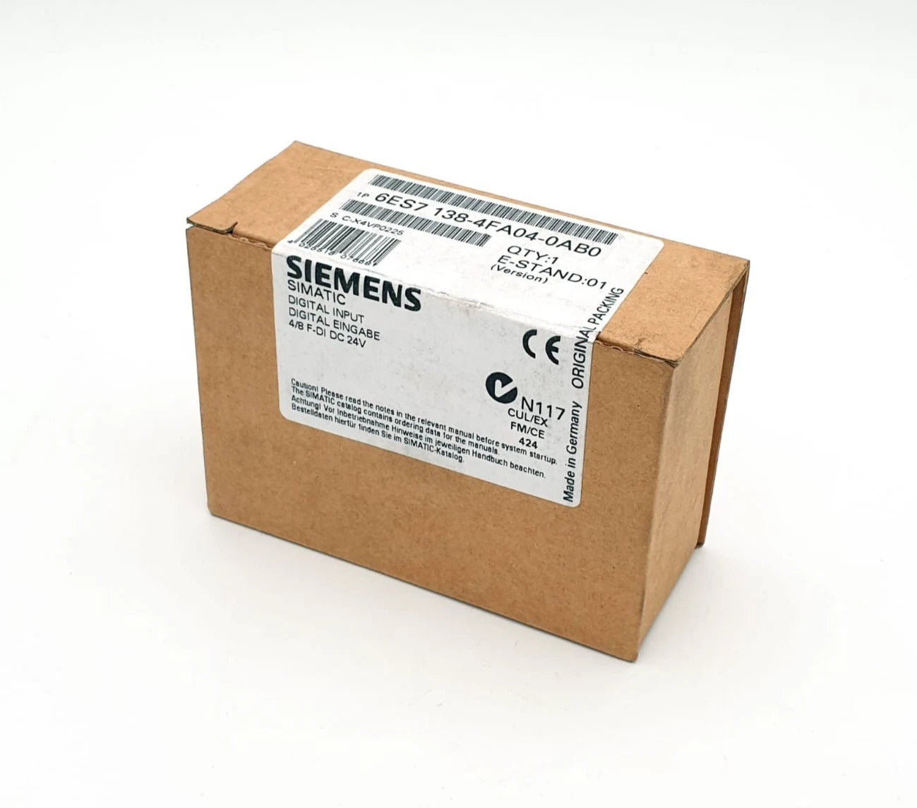 Siemens 6ES7138-4FA04-0AB0 SIMATIC DP Elektronikmodul f. ET200S | sealed box viewed from an angle.