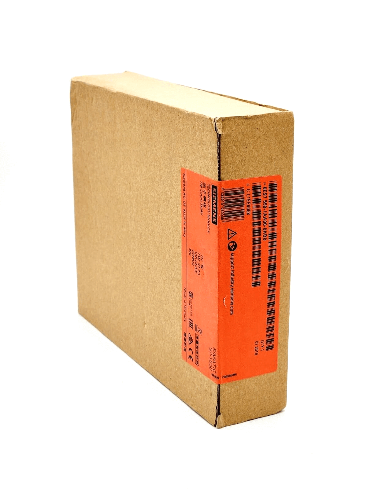 Siemens 6ES7550-1AA00-0AB0 SIMATIC S7-1500 Zählerbaugruppe | sealed, new in original packaging, side view of boxed product