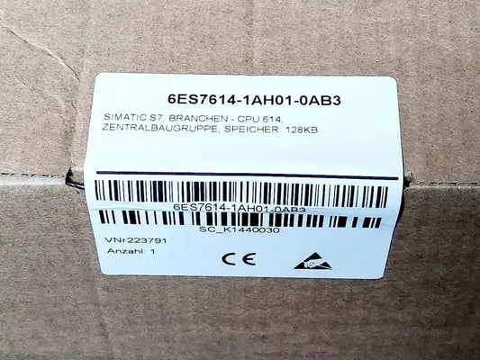 Box showing Siemens 6ES7614-1AH01-0AB3 SIMATIC S7 Branchen-CPU 614 | sealed, with product labeling and barcode visible.