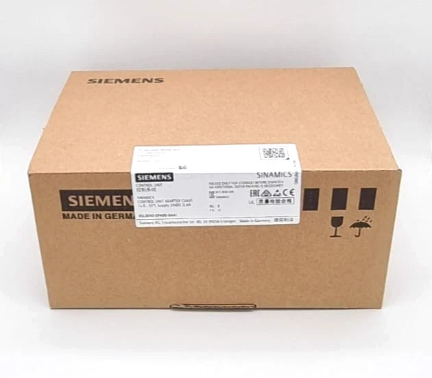 Sealed packaging of Siemens 6SL3040-0PA00-0AA1 CONTROL UNIT ADAPTER CUA31, showcasing box with labels and logos.