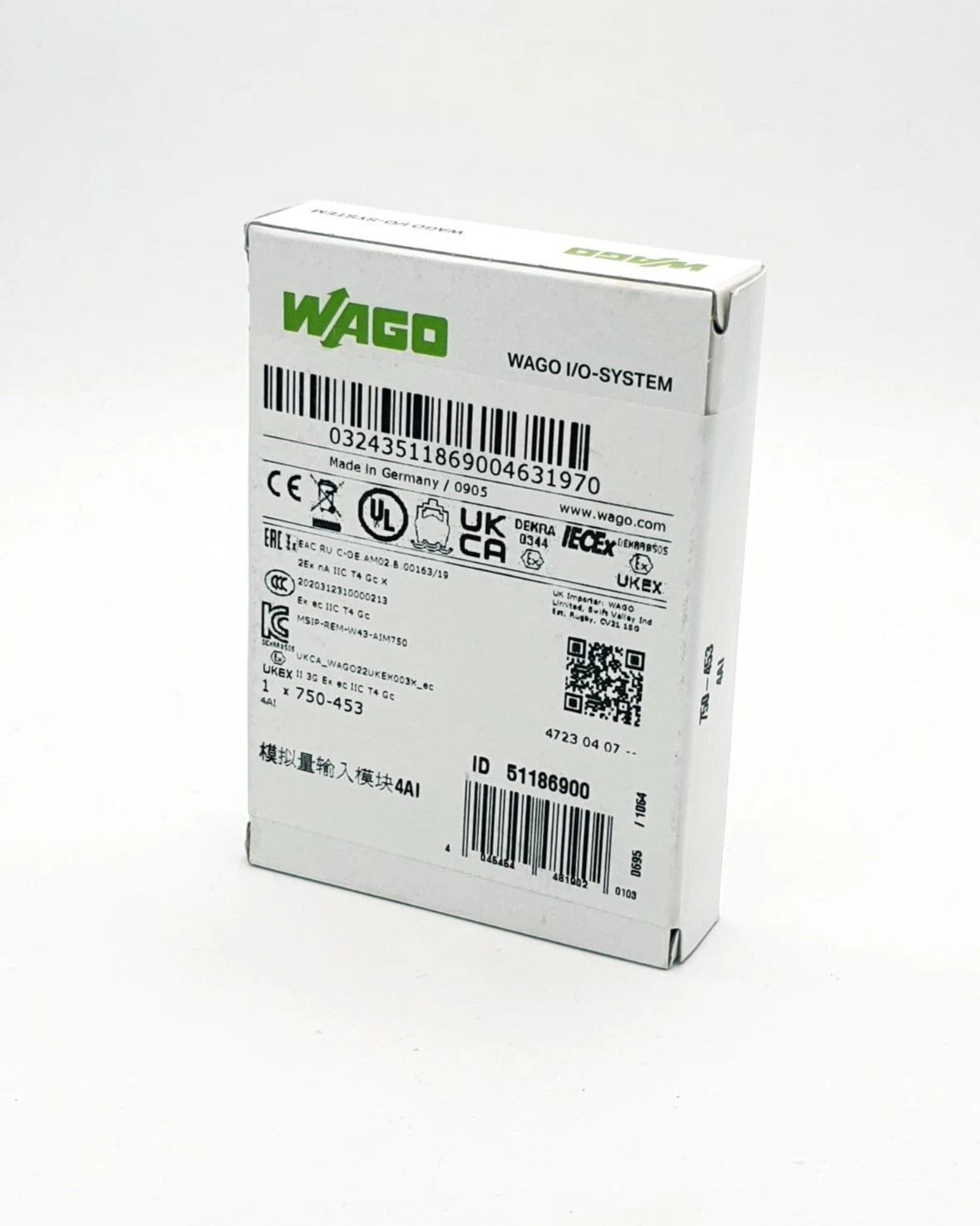 Box of Wago 750-453 Single-Ended 4-Kanal-Analogeingang 0 … 20 mA | sealed, with product details and manufacturer logo visible.