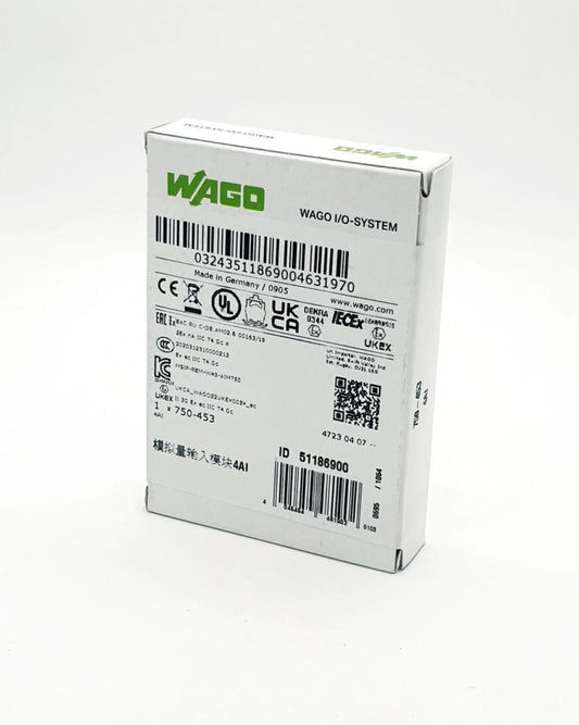 Box of Wago 750-453 Single-Ended 4-Kanal-Analogeingang 0 … 20 mA | sealed, with product details and manufacturer logo visible.