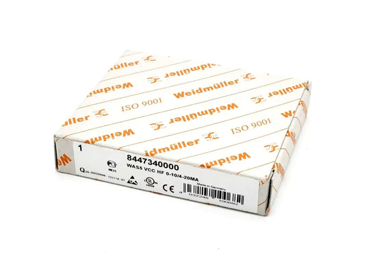 Packaging of Weidmüller 8447340000 WAS5 VCC HF 0-10/4-20MA Signalwandler Signal Converter, showing product label and branding.