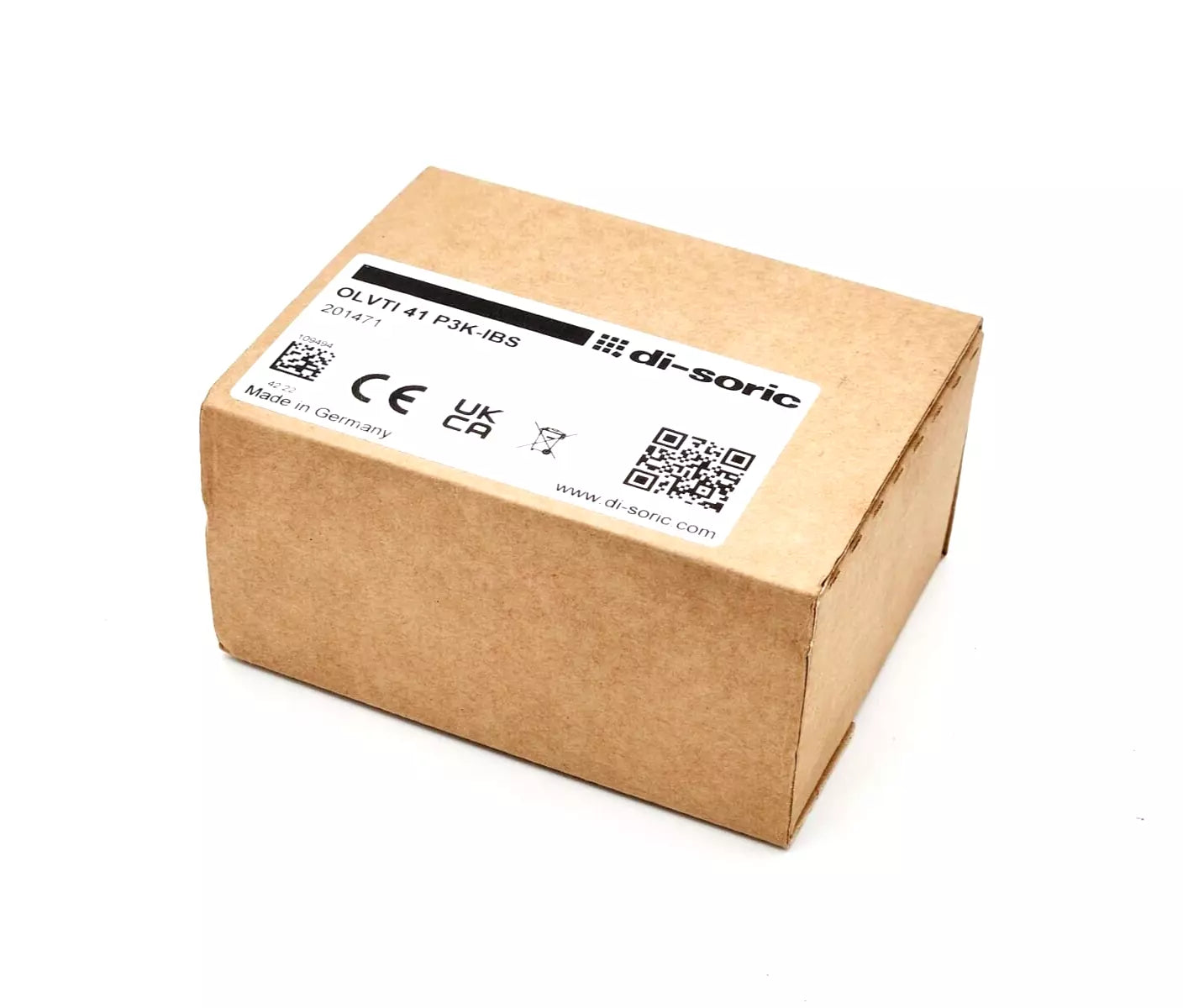 Cardboard packaging of di-soric 201471 OLVTI 41 P3K-IBS Glasfaser-Lichtleiter-Verstärker OLV with labels and QR codes.