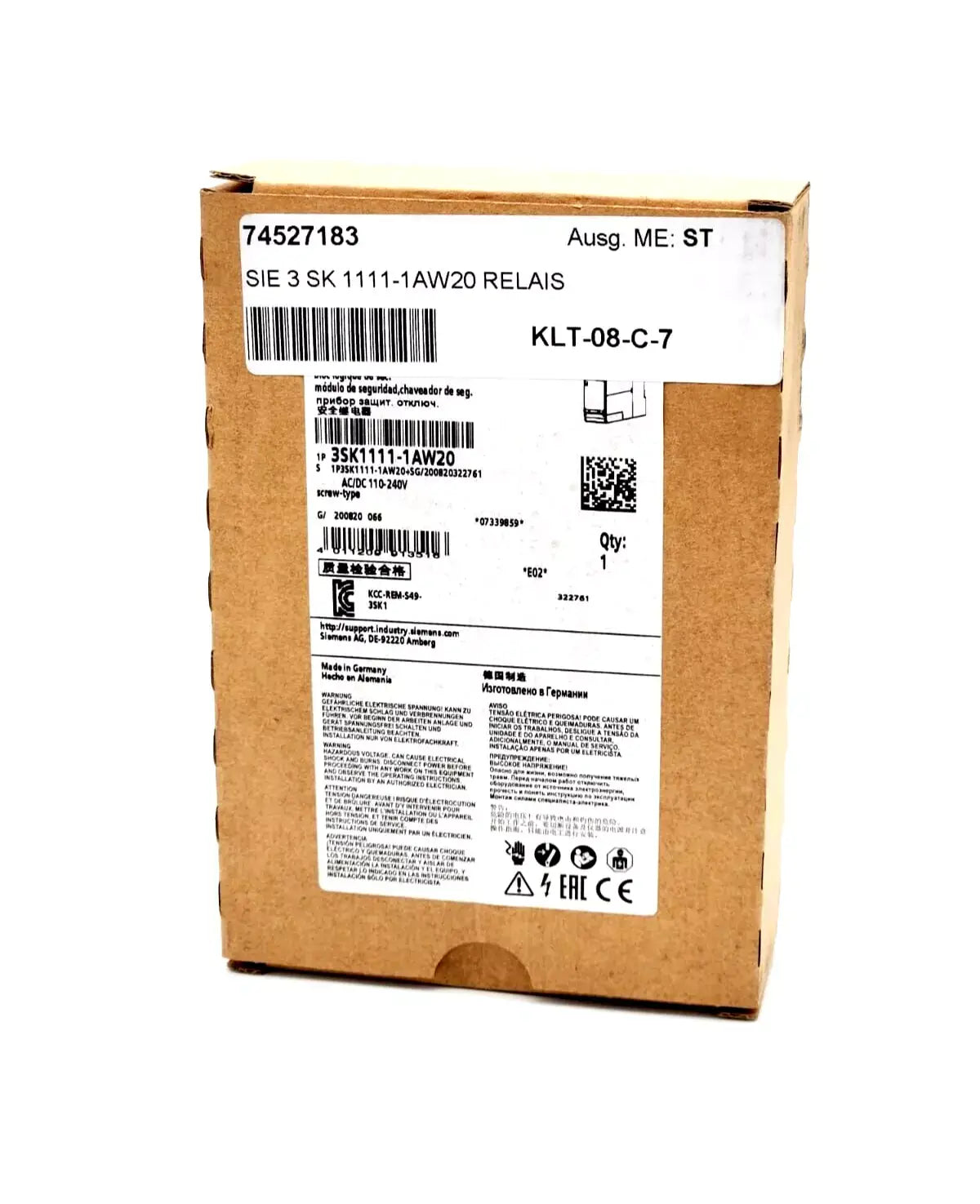 Box of Siemens 3SK1111-1AW20 SIRIUS safety relay, model number displayed on label