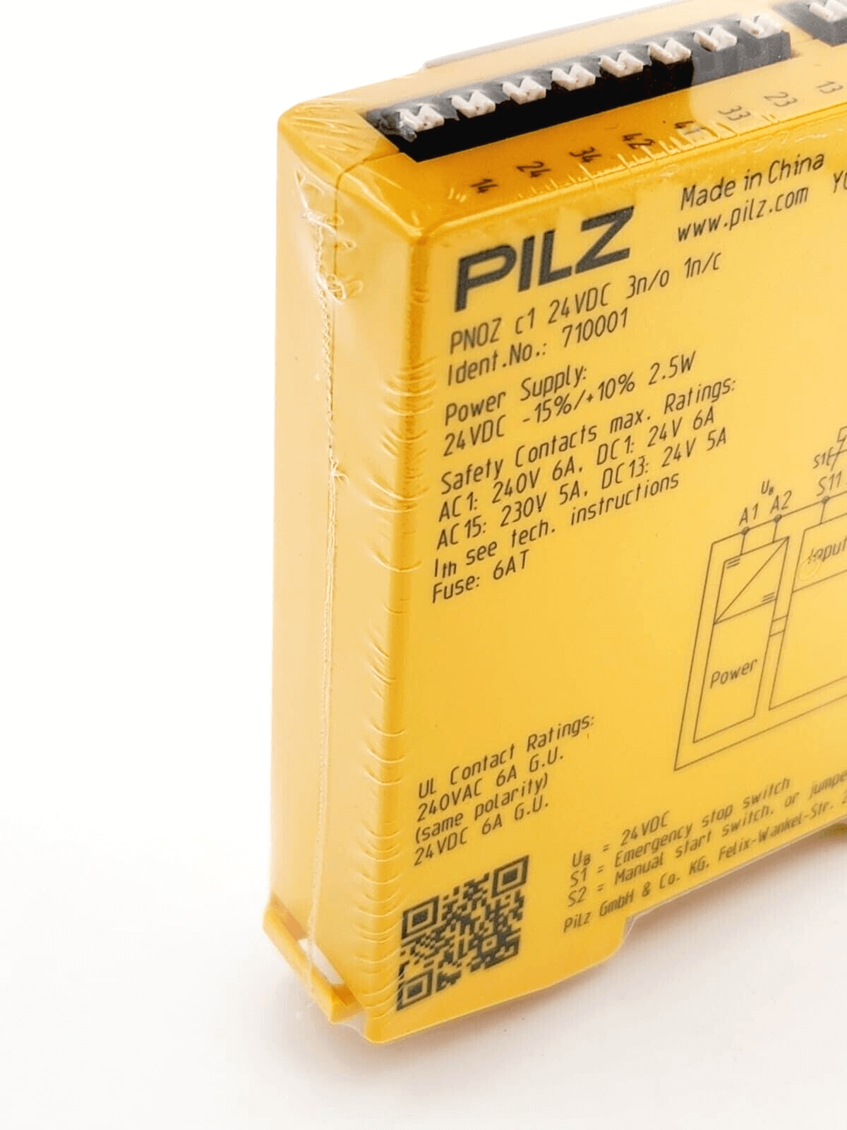 Pilz 710001 PNOZ c1 PNOZcompact safety relay, 3n/o 1n/c, yellow housing, 24V DC, product view.