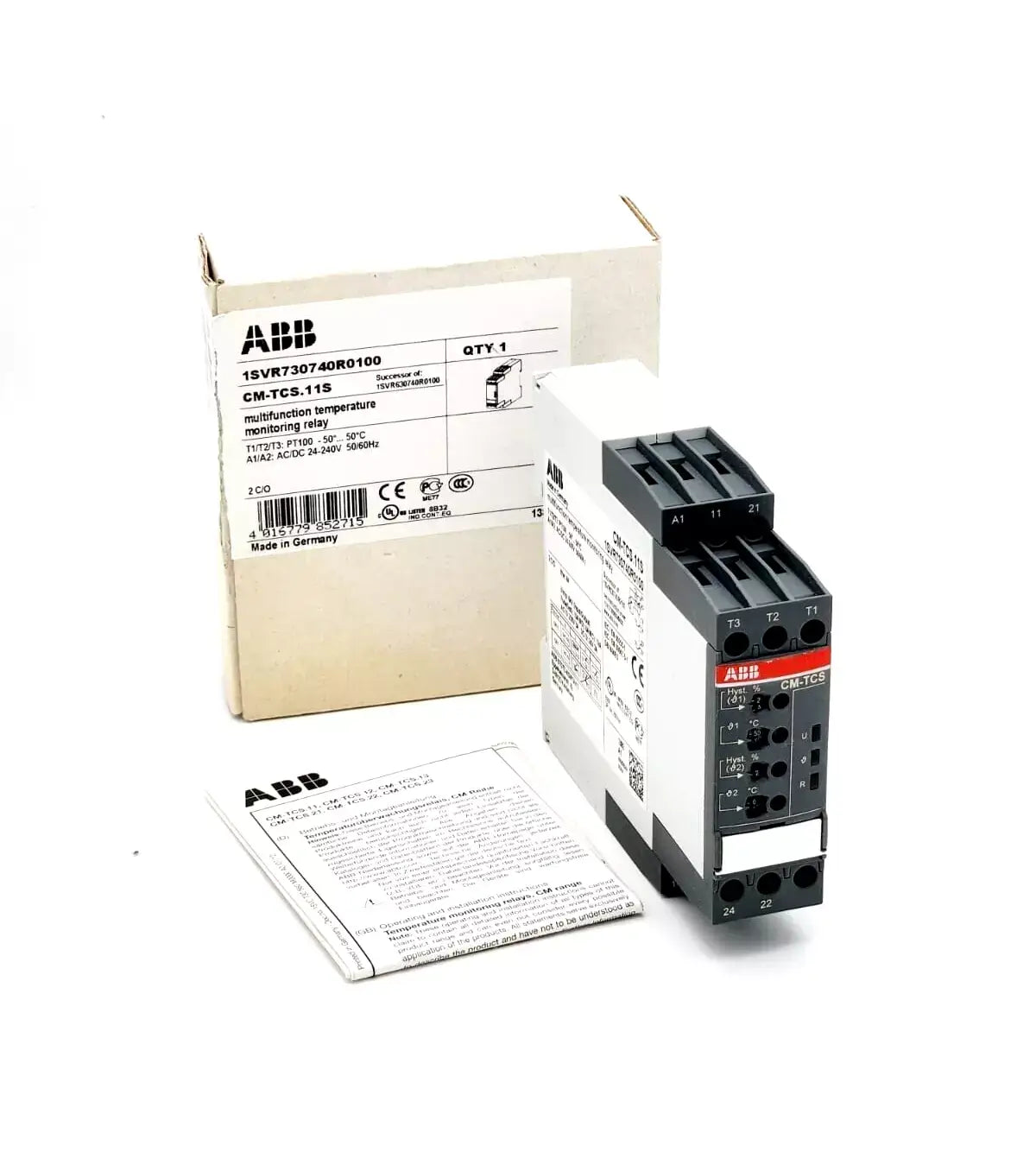 ABB 1SVR730740R0100 CM-TCS.11S temperature monitoring relay with box packaging and instruction manual.