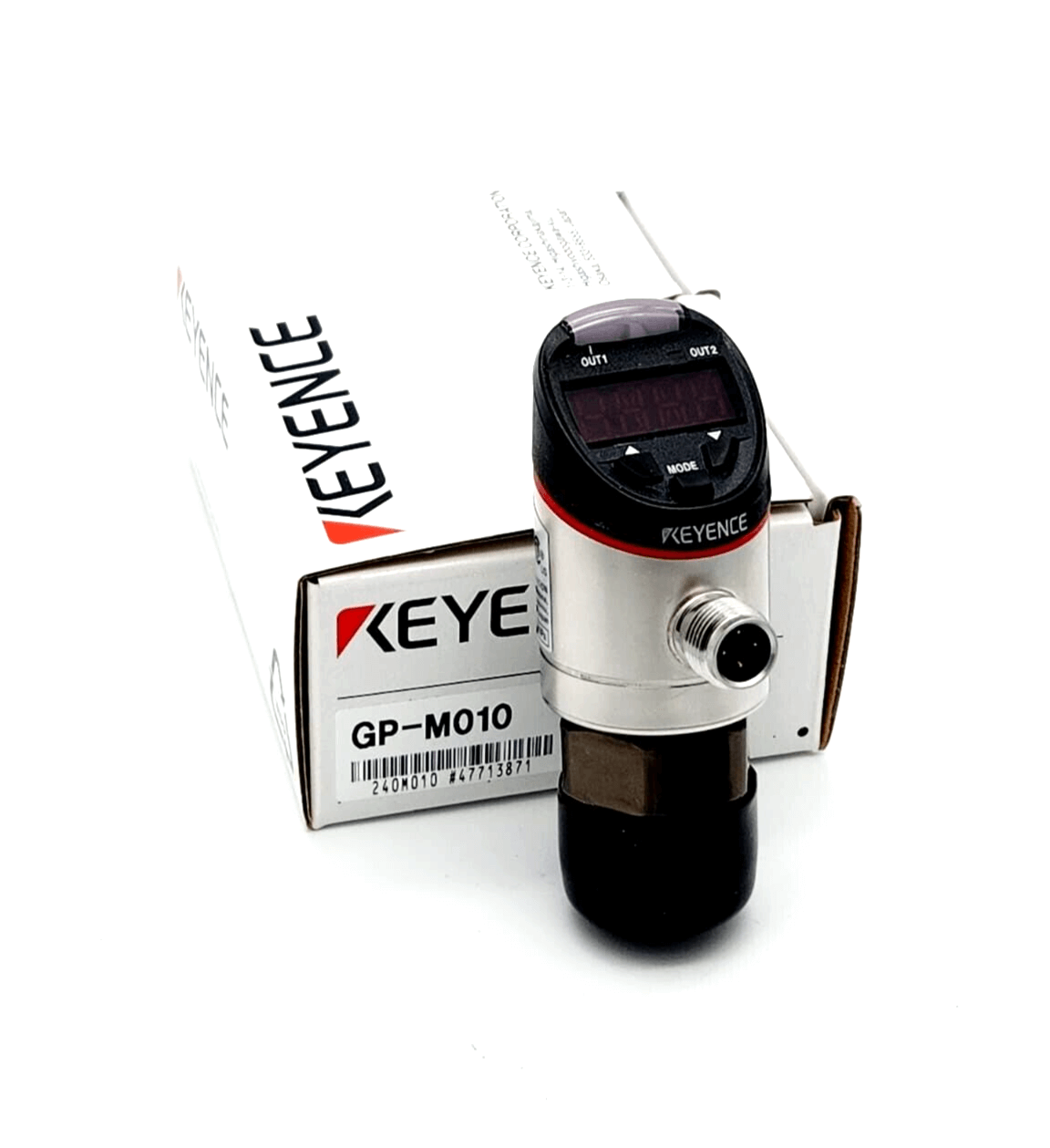 Keyence GP-M010 main unit for overpressure applications, 1 MPa, with packaging, digital display, and pressure sensor.