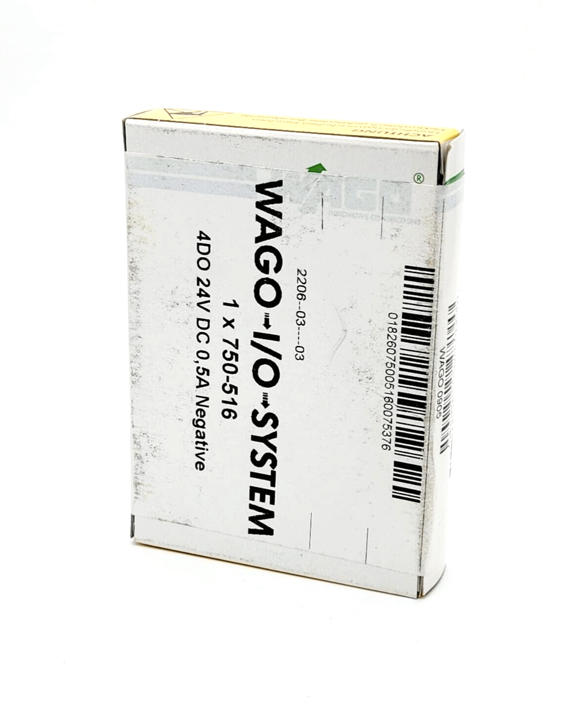 Wago 750-516 package, 4-channel digital output, DC 24V, 0.5A, negative switching, white box with barcode and product details visible.
