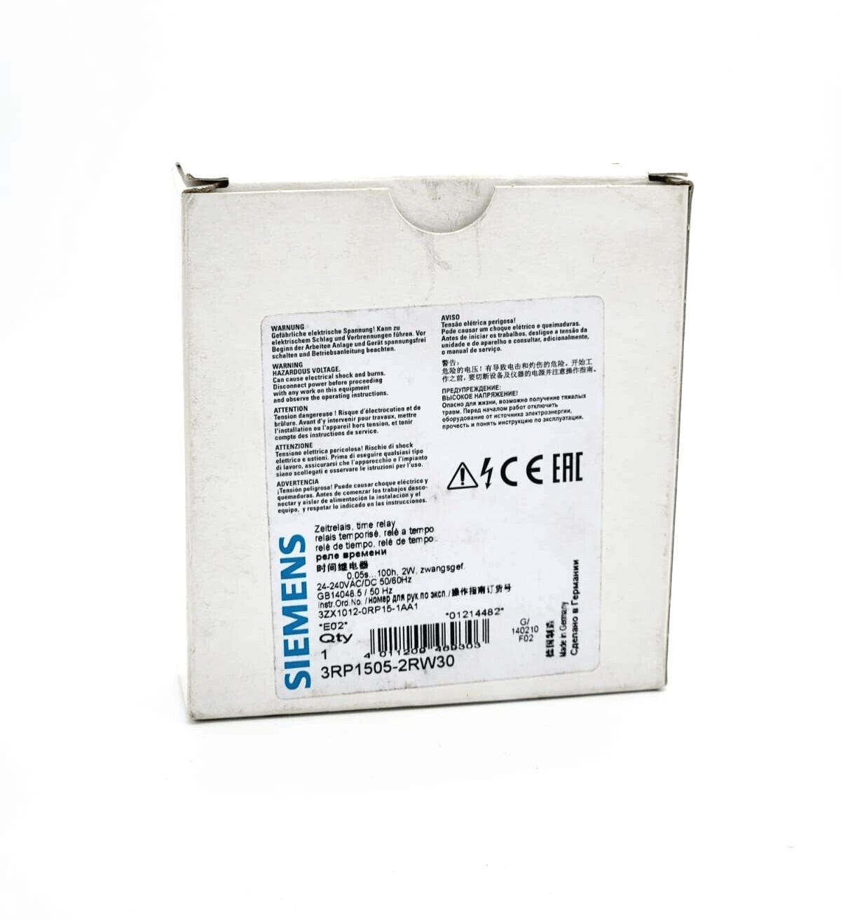 Siemens 3RP1505-2RW30 Multifunction Timer Relay packaging with specifications and barcode visible.