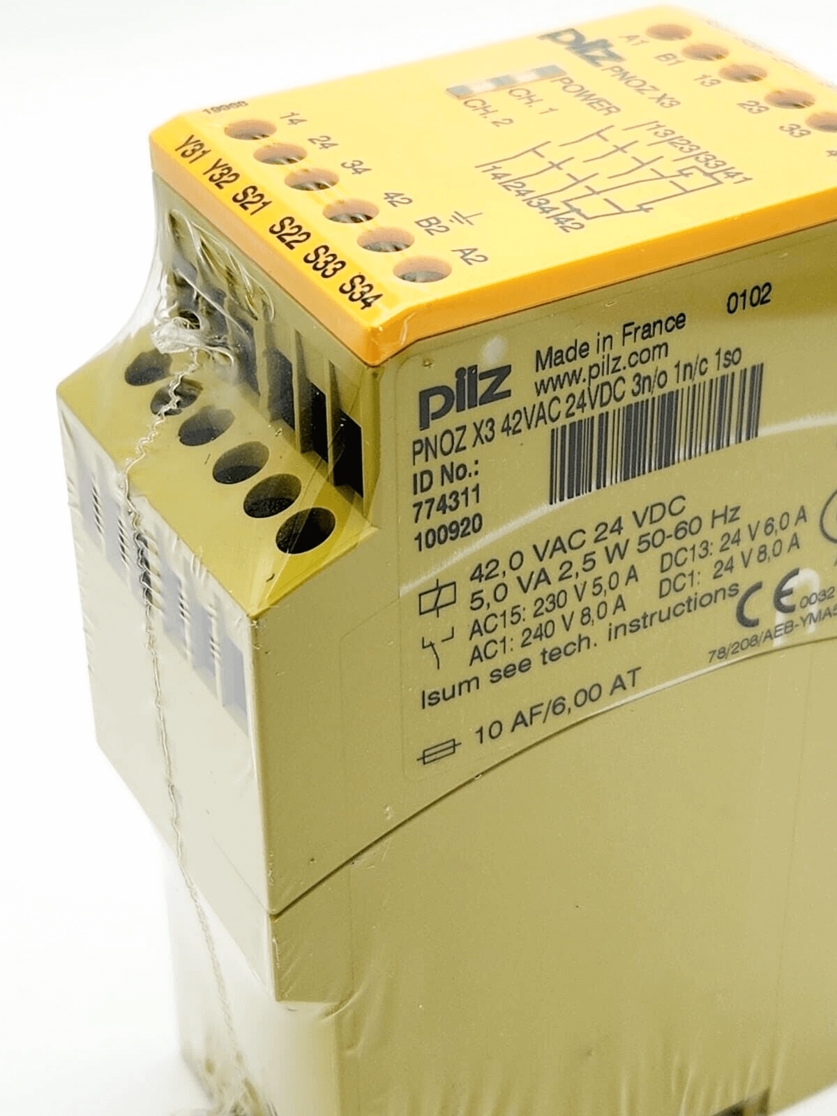 Pilz 774311 PNOZ X3 Safety Relay 42VAC/24VDC with terminals, model ID 774311, viewed from the side showing connection points.