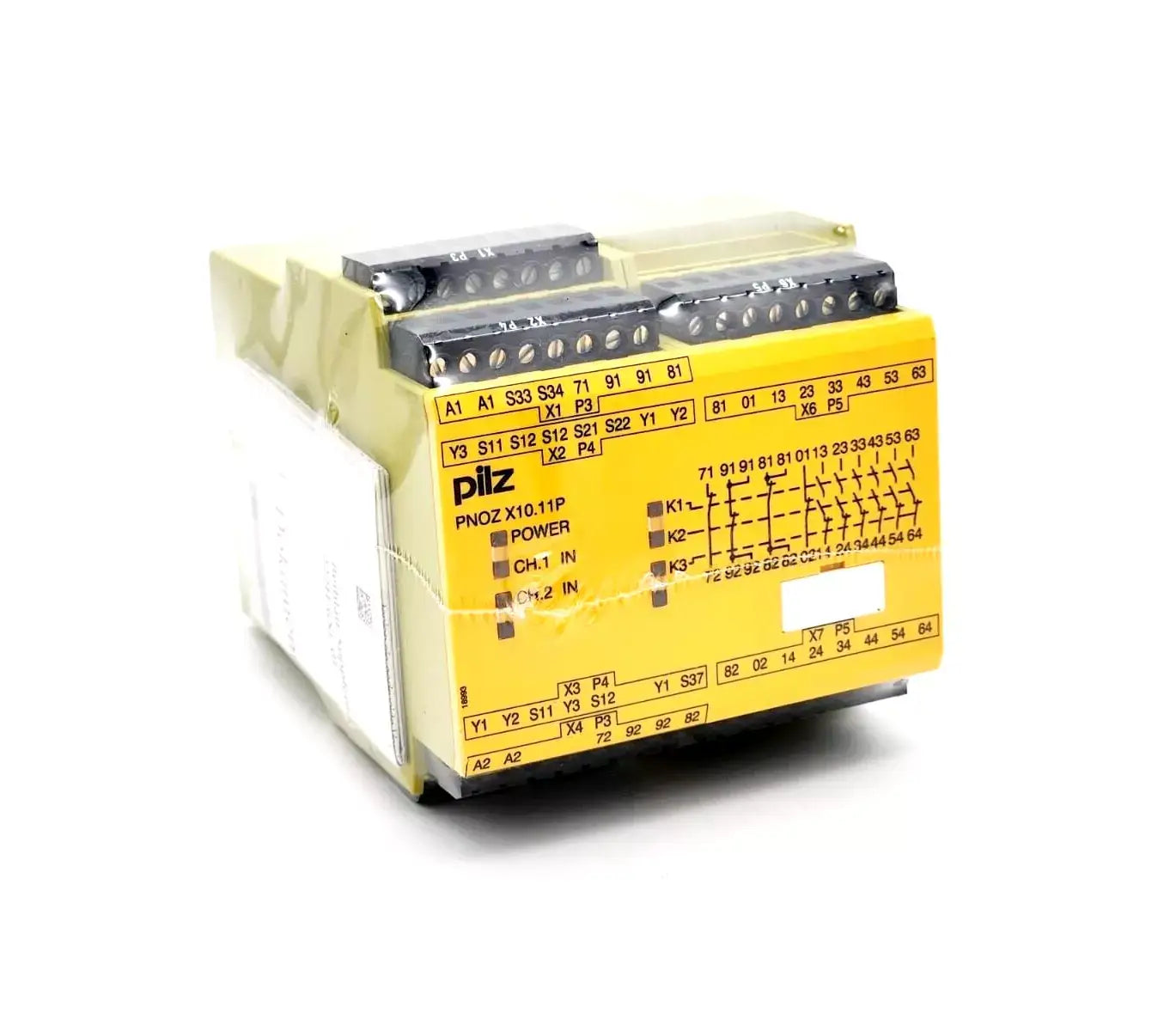 Pilz 777750 PNOZ X10.11P safety relay 24VDC with 6n/o and 4n/c outputs, showing front view with connectors and LED indicators.