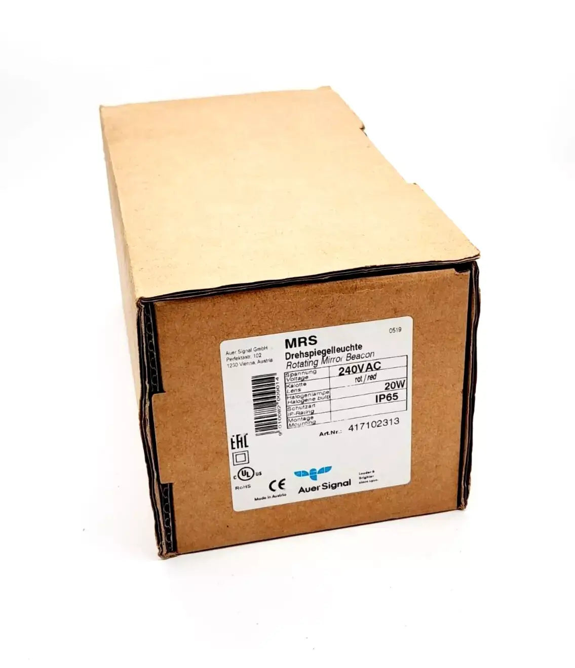 Auer Signal 417102313 MRS red rotating beacon in packaging, 240V AC, IP65 rated.