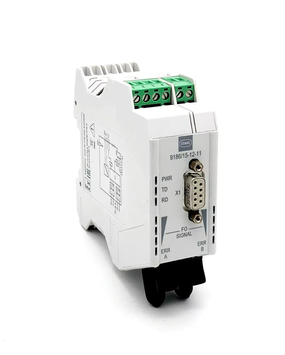 STAHL 160624 LWL-Feldbus-Trennübertrager with RS485 interface, 24V DC, 130mA, model 9186/15-12-11 with ST® and Sub-D ports.