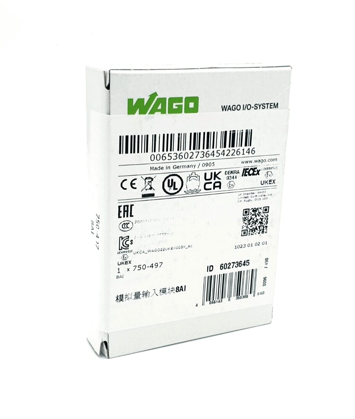 Wago 750-497 8-Kanal-Analogeingang packaging, showing product specifications and certifications on the box.