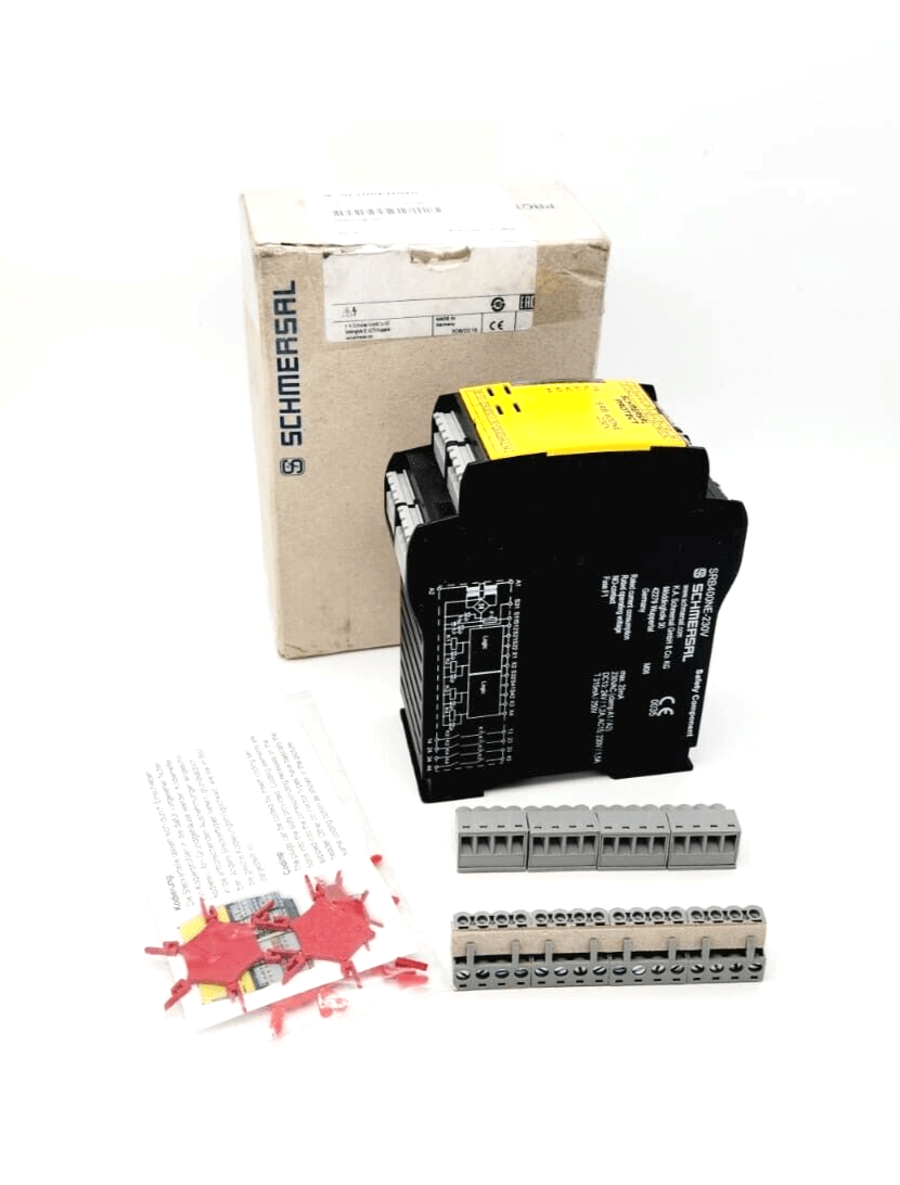 Schmersal 101178396 SRB400NE 230V safety relay with box and accessories, suitable for signal processing and use with non-contact end switches.