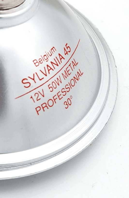 Sylvania METAL PROFESSIONAL REFLECTOR 70mm 12V 50W 30° Flood BA15d halogen bulb close-up with BA15d base.
