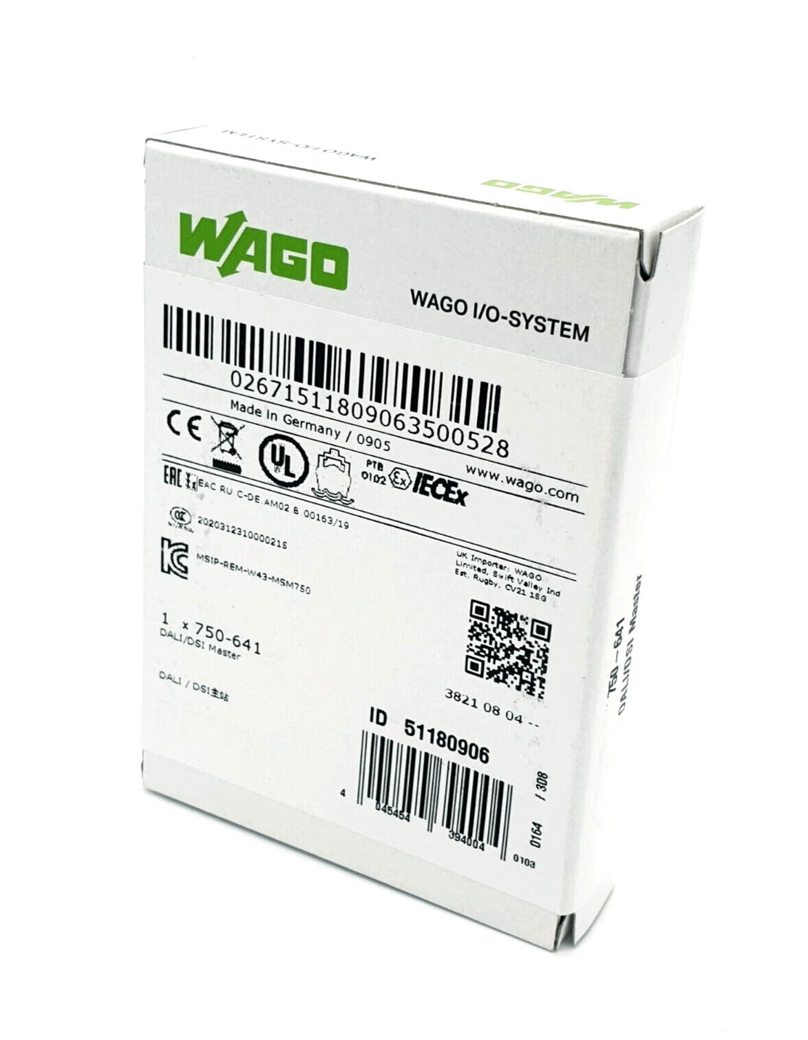 Packaging of Wago 750-641 DALI-/DSI-Master, compatible with WAGO-I/O-SYSTEM 750 for lighting control, showcasing technical details.