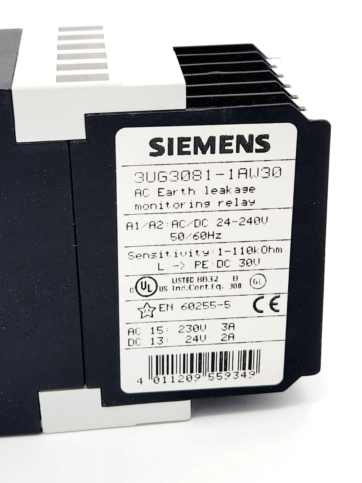 Siemens 3UG3081-1AW30 earth leakage monitoring relay for ungrounded AC networks AC/DC 24-240V front view.