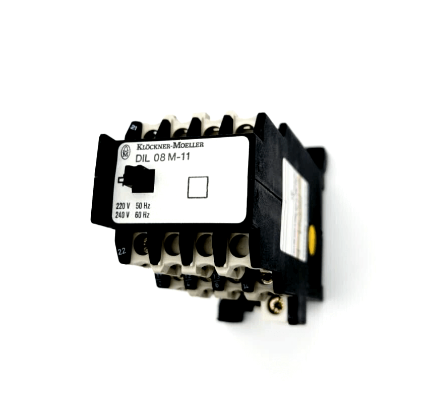 Moeller DIL08M-11 Universal-Schütz, 10A, 220V-50Hz, 240-60Hz electrical contactor, black and white design.