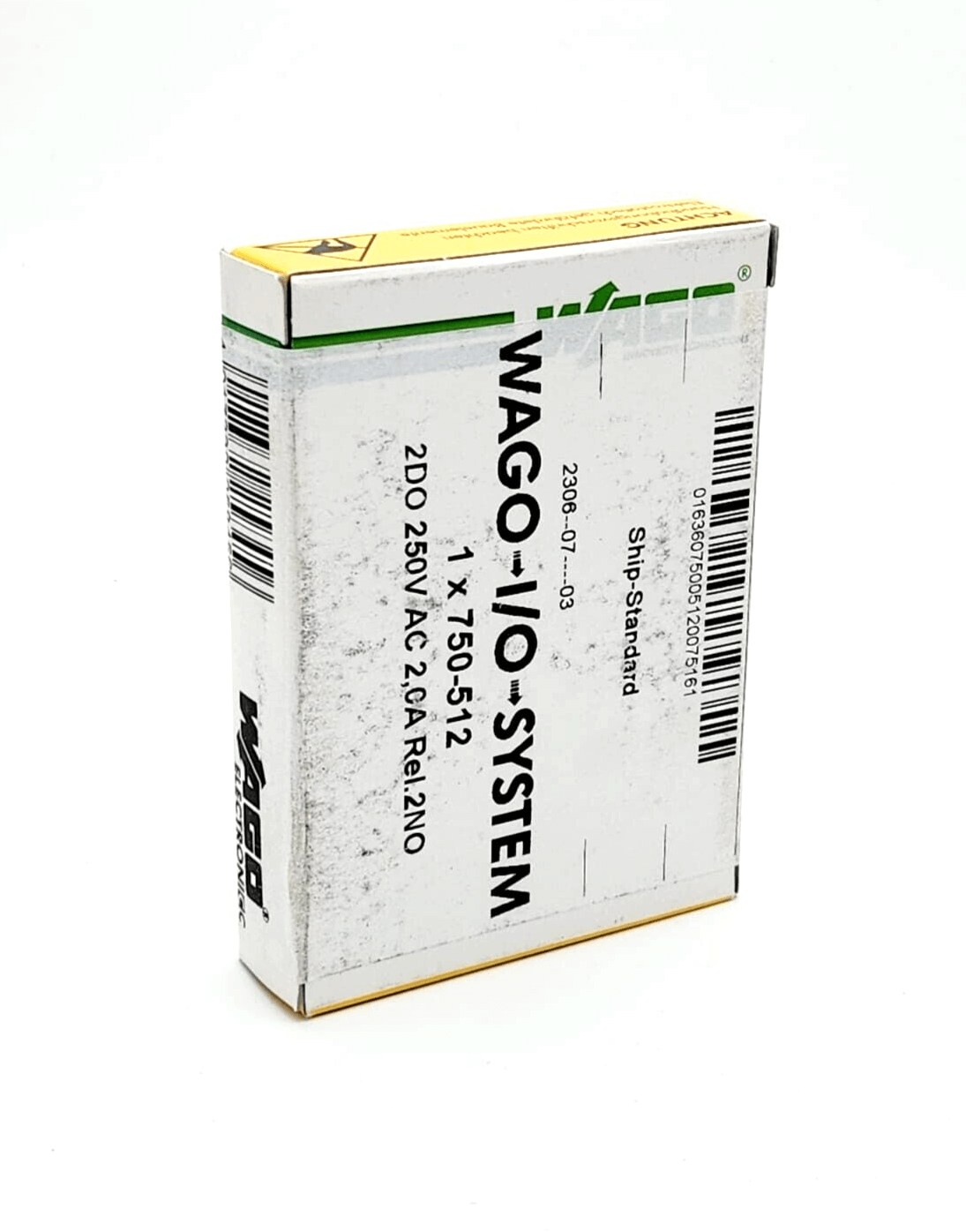 Wago 750-512 2-channel relay output packaging, AC 250V, 2.0A, box for industrial digital output module with 2 Normally Open contacts.