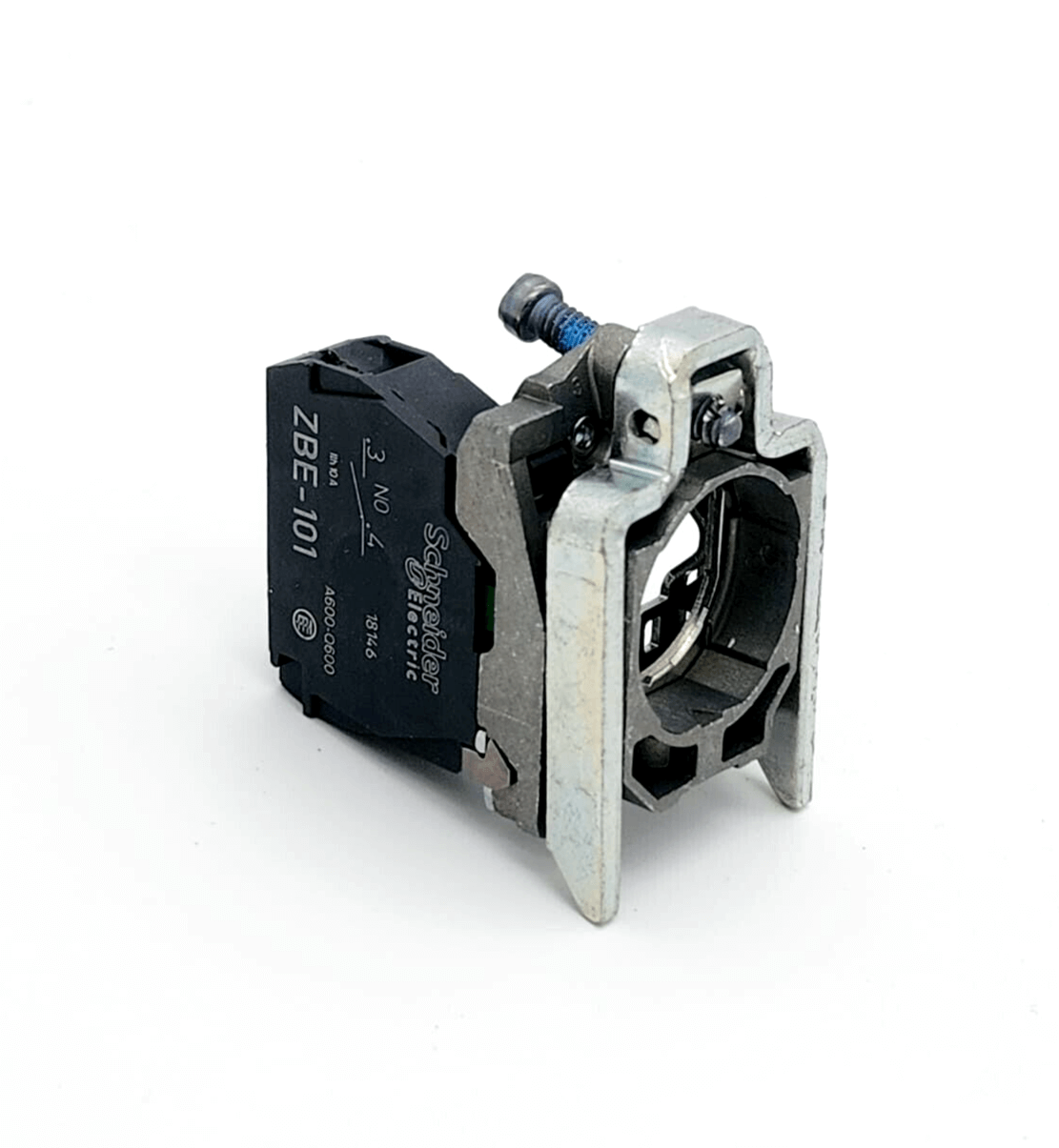 Schneider Electric ZB4BZ101 contact block with mounting flange, zamak bezel, single contact assembly.