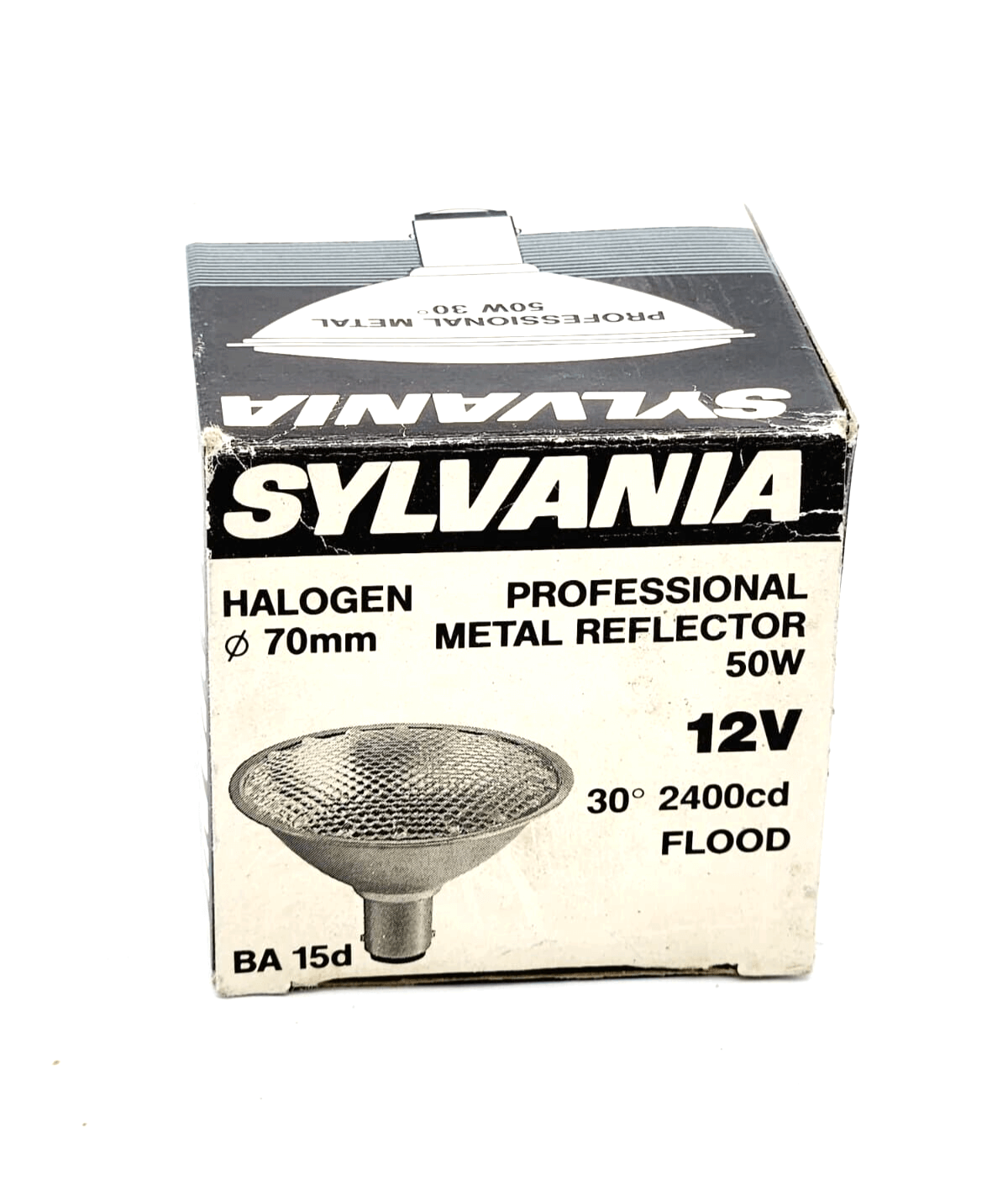 Sylvania Metal Professional Reflector 70mm 12V 50W 30° Flood Light in packaging, halogen bulb, BA15d socket.