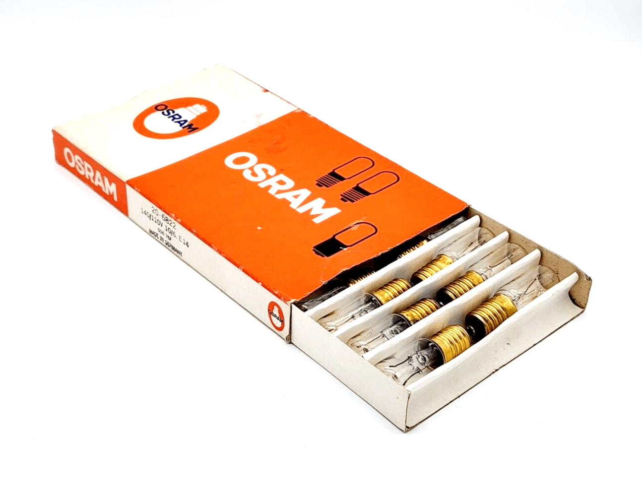Box of Osram 6822 sewing machine bulbs with E14 socket, 140/110V, 6-10W, for precision sewing applications.